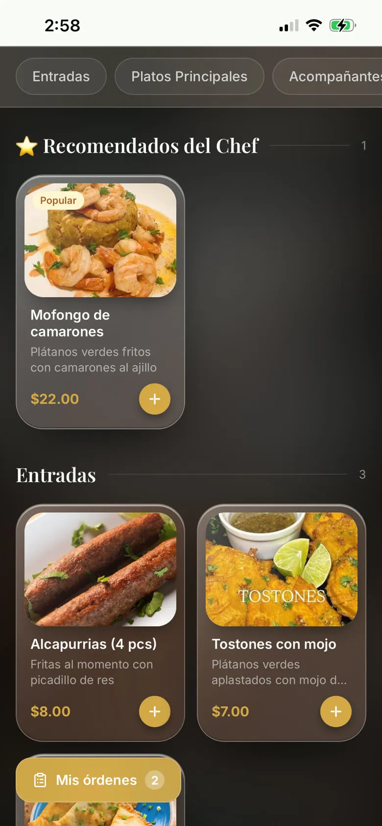 Menú digital real de La Mesa: Recomendados del Chef y sección de Entradas